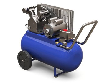 Mavi yatay hava kompresörü beyaz bir arka plan üzerinde izole. 3d illüstrasyon.