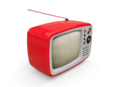 Beyaz arka planda antenli sevimli eski kırmızı televizyon. 3d illüstrasyon.