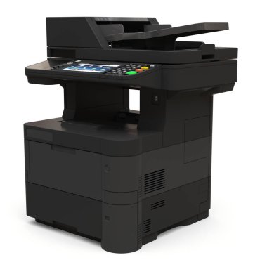 Beyaz arka planda lazer yazıcı. 3d illüstrasyon.