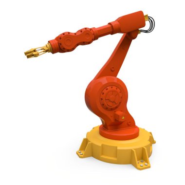 Bir fabrika veya üretim herhangi bir iş için robotik turuncu kol. Karmaşık görevler için mekatronik ekipman. 3d illüstrasyon.