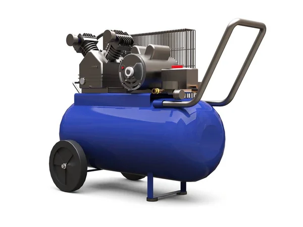 Blauer horizontaler Luftkompressor isoliert auf weißem Hintergrund. 3D-Illustration. — Stockfoto