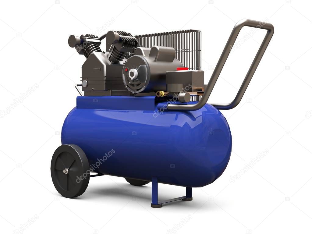 Blue horizontal air compressor isolated on a white background. 3d illustration.