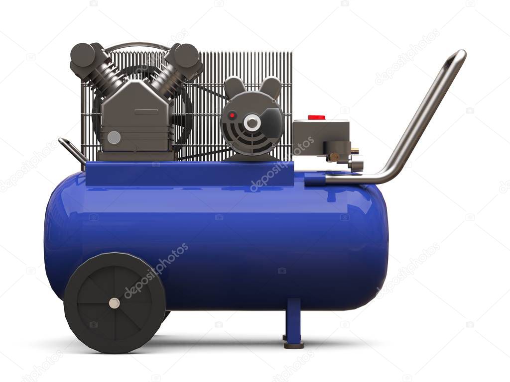Blue horizontal air compressor isolated on a white background. 3d illustration.