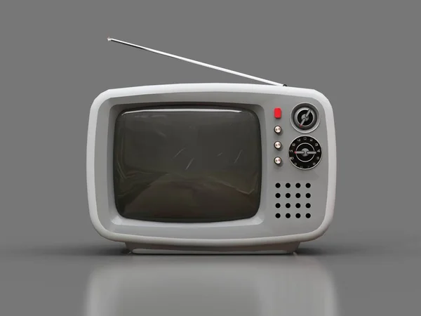 Cute old white tv with antenna on a grey background. 3d illustration. — Stock Photo, Image