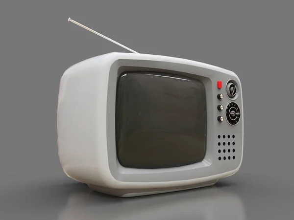 Cute stary biały telewizor z anteną na szarym tle. ilustracja 3D. — Zdjęcie stockowe
