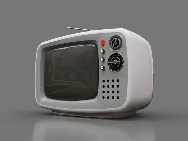 Bonito tv branca velha com antena em um fundo cinza. ilustração 3d . — Fotografia de Stock