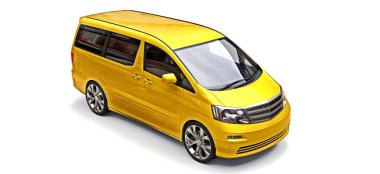 Sarı küçük minivan insanların taşınması için. Beyaz arka planda üç boyutlu illüstrasyon. 3d render.