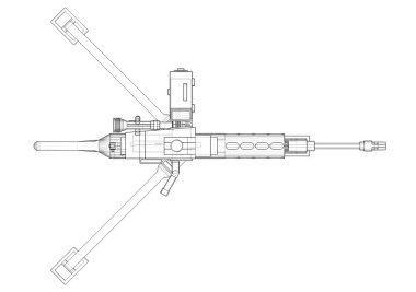 Beyaz arka planda tam kaset mühimmat ile bir tripod üzerinde büyük makineli tüfek. Yarı saydam gövdeli kontur çizgilerinde silahların şematik illüstrasyonu. 3d ilustration.