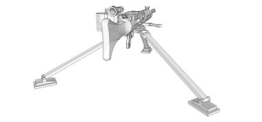 Beyaz arka planda tam kaset mühimmat ile bir tripod üzerinde büyük makineli tüfek. Yarı saydam gövdeli kontur çizgilerinde silahların şematik illüstrasyonu. 3d ilustration.
