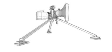 Beyaz arka planda tam kaset mühimmat ile bir tripod üzerinde büyük makineli tüfek. Yarı saydam gövdeli kontur çizgilerinde silahların şematik illüstrasyonu. 3d ilustration.