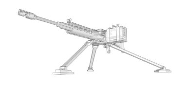 Beyaz arka planda tam kaset mühimmat ile bir tripod üzerinde büyük makineli tüfek. Yarı saydam gövdeli kontur çizgilerinde silahların şematik illüstrasyonu. 3d ilustration.