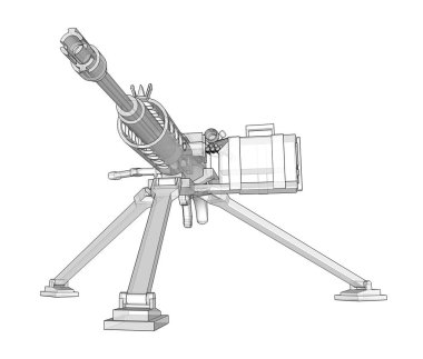Beyaz arka planda tam kaset mühimmat ile bir tripod üzerinde büyük makineli tüfek. Yarı saydam gövdeli kontur çizgilerinde silahların şematik illüstrasyonu. 3d ilustration.