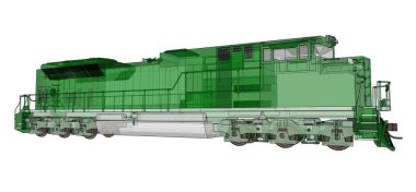 Modern yeşil dizel Tren Lokomotif ile büyük güç ve güç uzun ve ağır demiryolu tren hareket etmek için. 3D render.