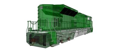 Modern yeşil dizel Tren Lokomotif ile büyük güç ve güç uzun ve ağır demiryolu tren hareket etmek için. 3D render.