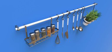 Mutfak eşyaları, kuru dökme ve tencere canlı baharatlar duvara asmak. 3D render.