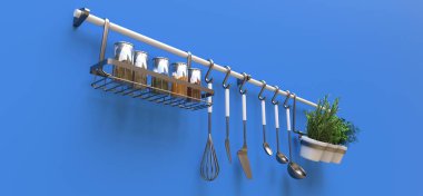 Mutfak eşyaları, kuru dökme ve tencere canlı baharatlar duvara asmak. 3D render.