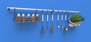 Mutfak eşyaları, kuru dökme ve tencere canlı baharatlar duvara asmak. 3D render.