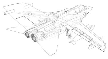 Askeri jet savaş siluetleri. Çizgi çizen uçak görüntüsü. Uçağın iç yapısı. 3d oluşturma