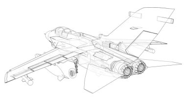 Askeri jet savaş siluetleri. Çizgi çizen uçak görüntüsü. Uçağın iç yapısı. 3d oluşturma