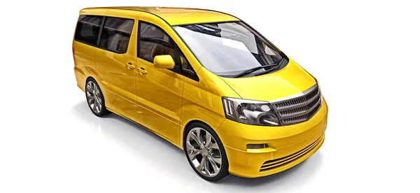 Minivan giallo per il trasporto di persone. Illustrazione tridimensionale su sfondo bianco. rendering 3d . — Foto Stock