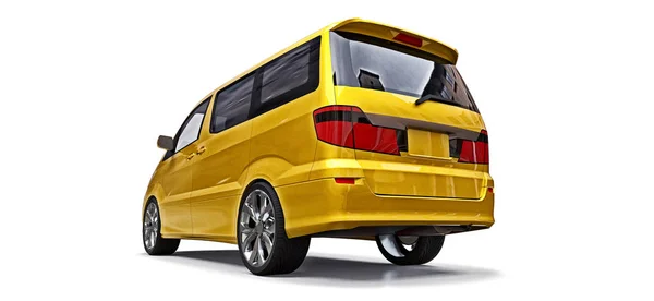 Minivan pequena amarela de transporte de pessoas. Ilustração tridimensional sobre fundo branco. Renderização 3d . — Fotografia de Stock