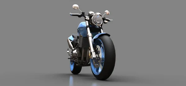 Niebieski miejski Sport dwumiejscowy motocykl na szarym tle. ilustracja 3D. — Zdjęcie stockowe