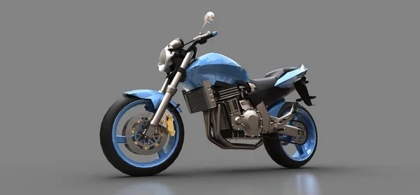Modrý městský Sport dvousedadlový motocykl na šedém pozadí. 3D ilustrace. — Stock fotografie