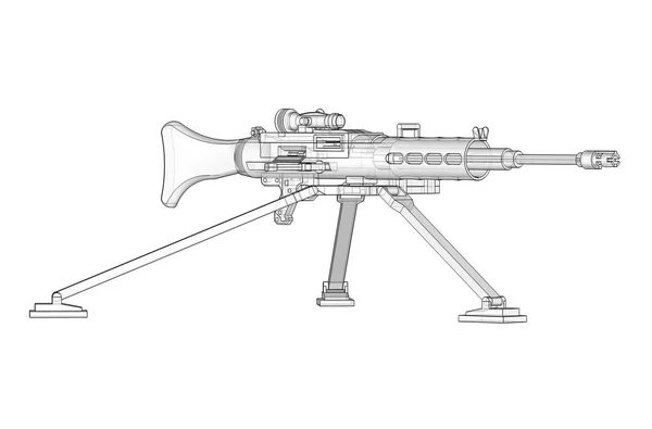 Großes Maschinengewehr auf einem Stativ mit voller Kassettenmunition auf weißem Hintergrund. Schematische Darstellung von Waffen in Höhenlinien mit durchscheinendem Körper. 3D-Illustration. — Stockfoto