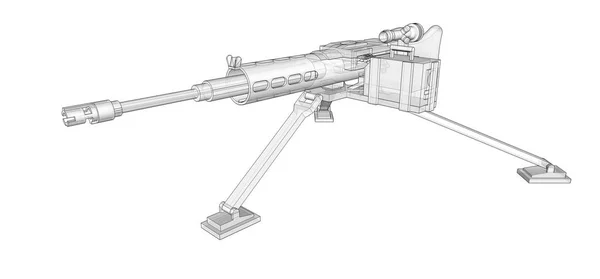 흰색 배경에 전체 카세트 탄약삼각대에 대형 기관총. 반투명 바디가 있는 윤곽선에 있는 무기의 개략적인 그림. 3D ilustration. — 스톡 사진
