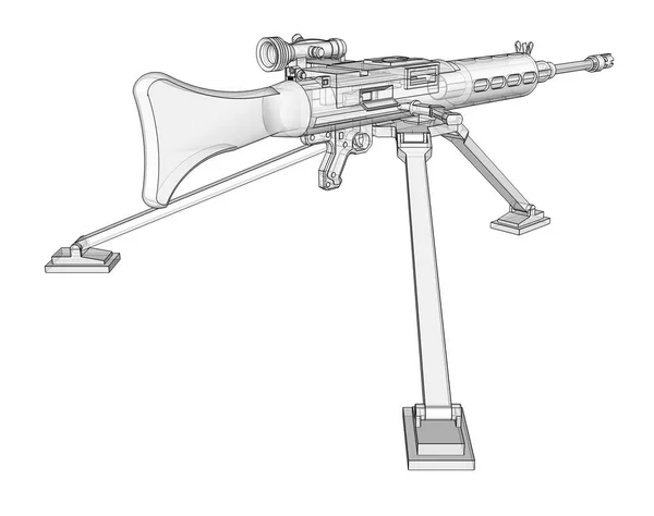 Stor kulspruta på ett stativ med en full kassett ammunition på en vit bakgrund. Schematisk illustration av vapen i konturlinjer med en genomskinlig kropp. 3D ilustration. — Stockfoto