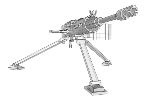 Duży karabin maszynowy na statywie z pełną amunicją kasety na białym tle. Schematyczna ilustracja broni w liniach konturowych z przezroczystym korpusie. ilustracja 3D. — Zdjęcie stockowe