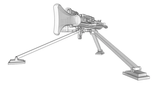 Grande metralhadora em um tripé com uma munição cassete completa em um fundo branco. Ilustração esquemática de armas em linhas de contorno com um corpo translúcido. ilustração 3d . — Fotografia de Stock