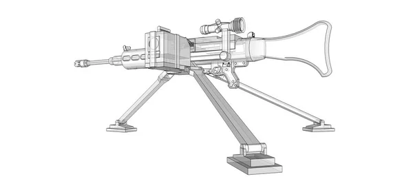 Grande metralhadora em um tripé com uma munição cassete completa em um fundo branco. Ilustração esquemática de armas em linhas de contorno com um corpo translúcido. ilustração 3d . — Fotografia de Stock