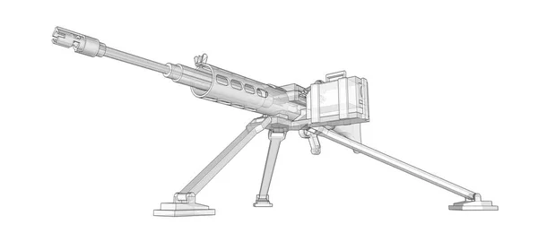 大机枪在三脚架上，白色背景上装有全套盒式弹药。具有半透明主体的等高线武器的图解图。3d 光动. — 图库照片