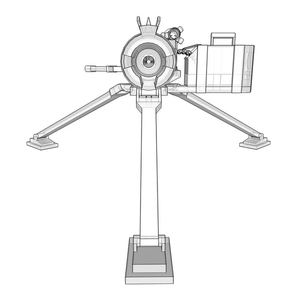 白い背景にフルカセット弾薬を持つ三脚に大型機関銃。半透明のボディを持つ輪郭線の武器の概略図。3d イラストレーション. — ストック写真