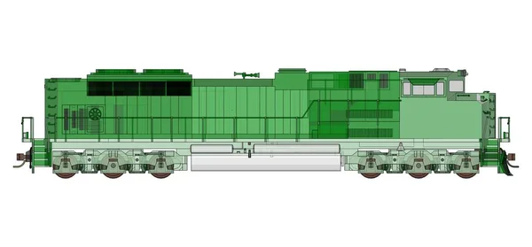 Moderne grüne Diesellokomotive mit großer Kraft und Kraft für den Transport von langen und schweren Eisenbahnzügen. 3D-Darstellung. — Stockfoto