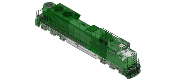 Moderna locomotiva ferroviaria diesel verde con grande potenza e resistenza per lo spostamento di treni ferroviari lunghi e pesanti. rendering 3d . — Foto Stock