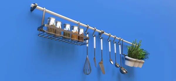 Mutfak eşyaları, kuru dökme ve tencere canlı baharatlar duvara asmak. 3D render. — Stok fotoğraf