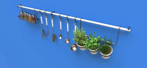 Kitchenware, dry bulk and live seasonings in pots hang on the wall. 3d rendering.