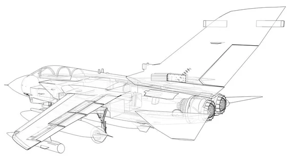 Silhuetas militares de caça a jacto. Imagem de aeronaves em linhas de desenho de contorno. A estrutura interna da aeronave. Renderização 3d — Fotografia de Stock