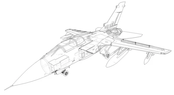 军用喷气式战斗机的轮廓。飞机在等高线上的图像.飞机的内部结构。3d渲染 — 图库照片