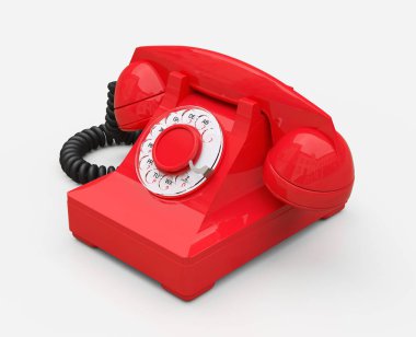 Beyaz arka planda eski kırmızı aramalı telefon. 3d illüstrasyon.