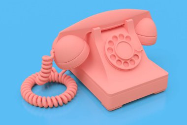 Mavi arka planda eski pembe arama telefonu. 3d illüstrasyon.
