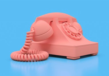 Mavi arka planda eski pembe arama telefonu. 3d illüstrasyon.