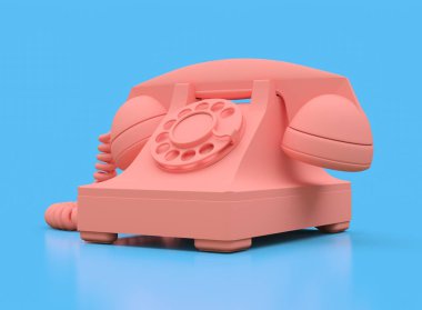 Mavi arka planda eski pembe arama telefonu. 3d illüstrasyon.