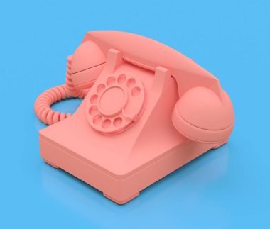 Mavi arka planda eski pembe arama telefonu. 3d illüstrasyon.