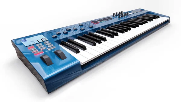 Blue synthesizer MIDI keyboard on white background. Synth keys close-up. 3d rendering. — Stock Photo, Image