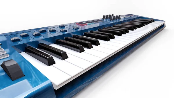 Blue synthesizer MIDI keyboard on white background. Synth keys close-up. 3d rendering. — Stock Photo, Image
