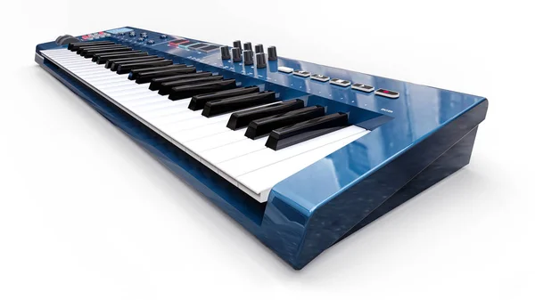 Blue synthesizer MIDI keyboard on white background. Synth keys close-up. 3d rendering. — Stock Photo, Image