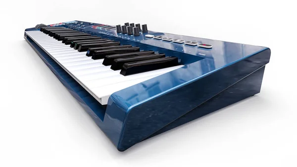 Blue synthesizer MIDI keyboard on white background. Synth keys close-up. 3d rendering. — Stock Photo, Image